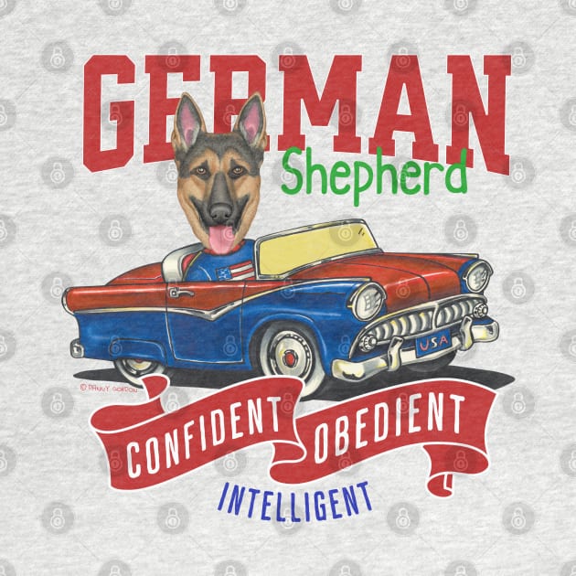 Humor funny and cute German Shepherd dog driving a classic vintage car with red white and blue flags with dog's personality by Danny Gordon Art